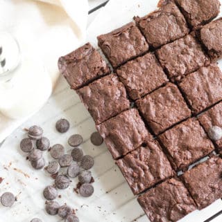 batch of brownies cut into squares with chocolate chips on a cooling rack.