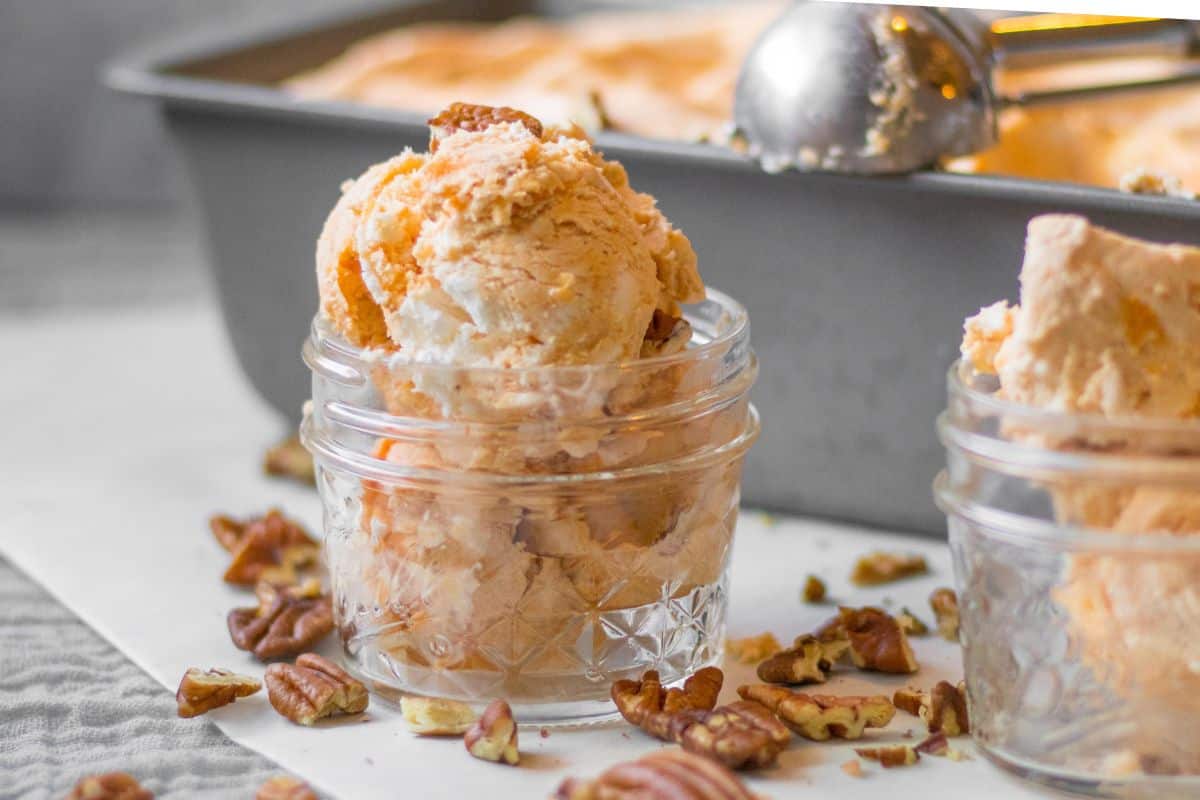 pumpkin ice cream scooped into a mason jar.