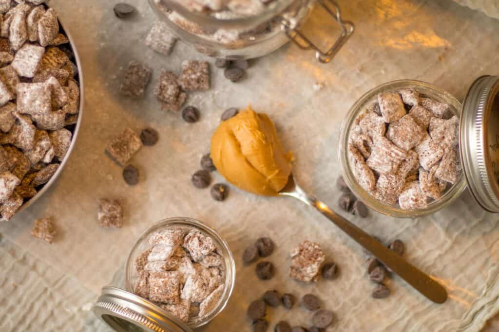 puppy chow with chocolate chips and peanut butter around