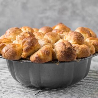 monkey bread in a bundt pan overflowing