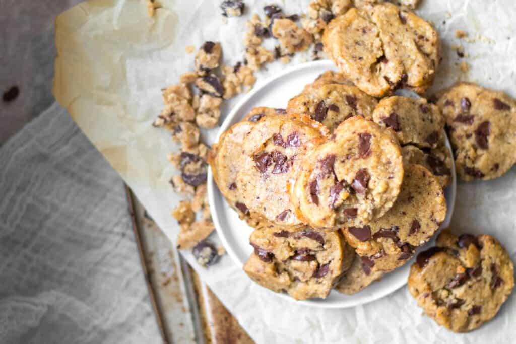 coffee chocolate chunk cookies in a pile on a plate