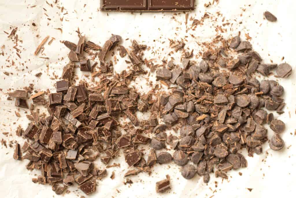 chocolate chunks and chocolate chips that have been cut up