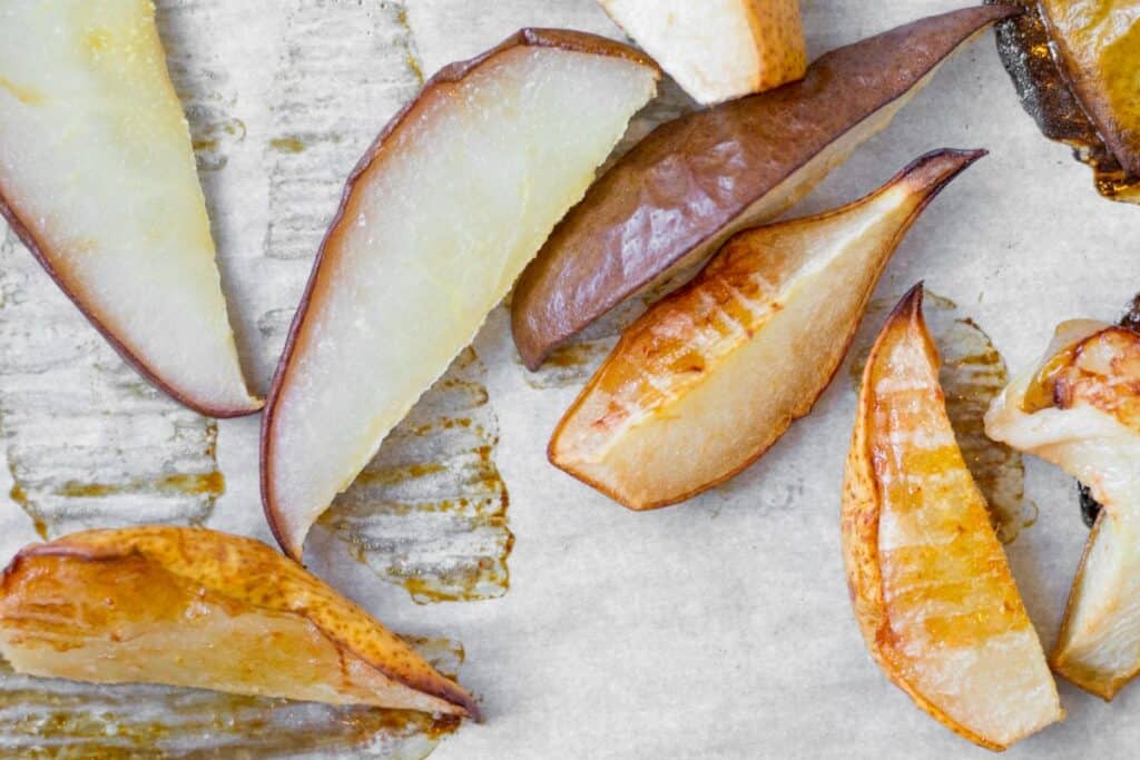 roasted pears on parchment paper