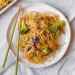 homemade lo mein on a white plate