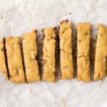cookie bars sliced on a baking sheet