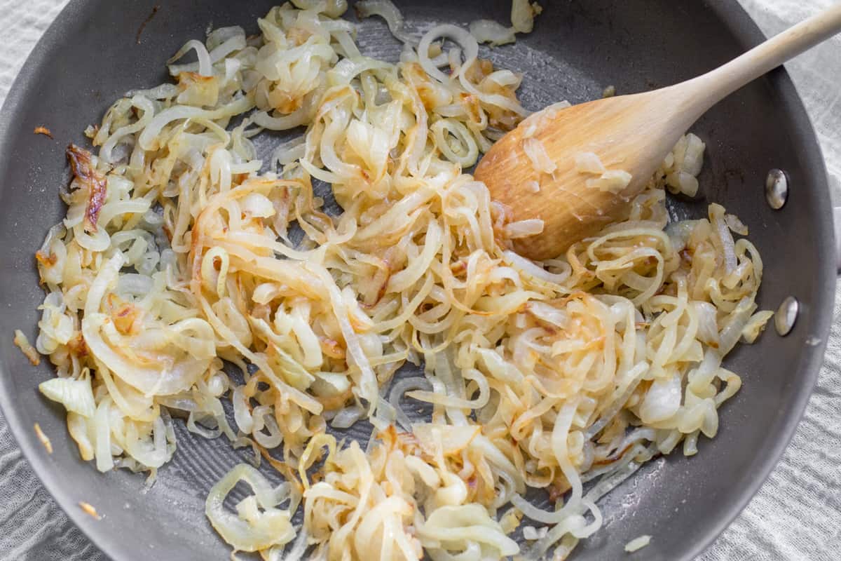 onions caramelizing in a saute pan