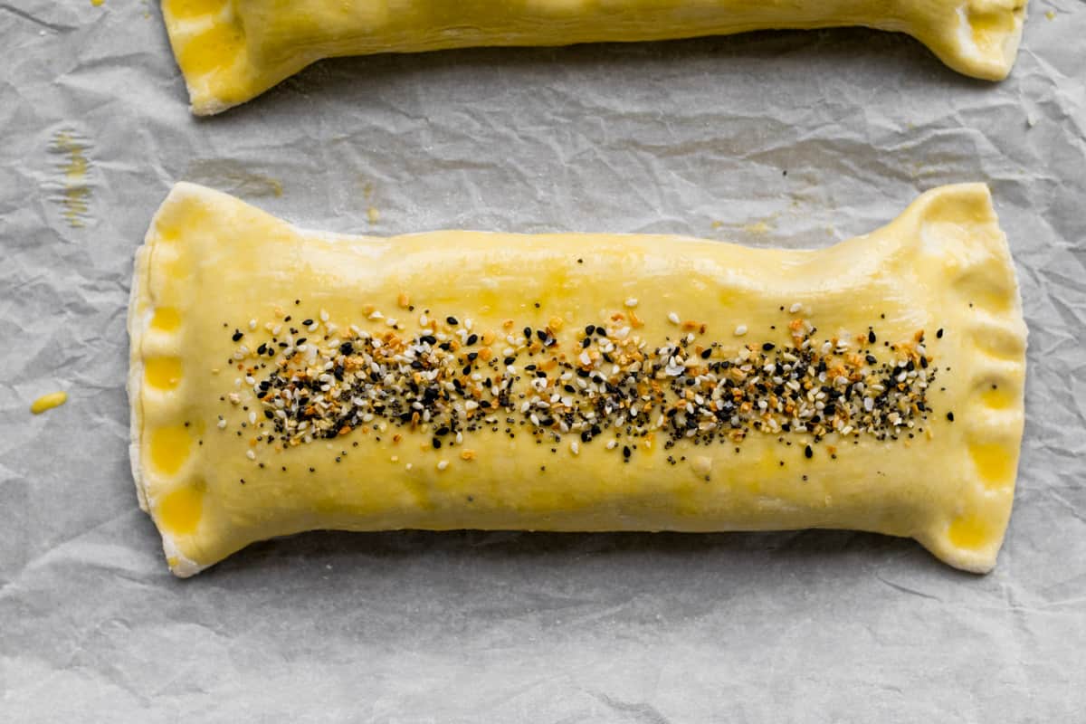 unbaked boureka with everything bagel seasoning.