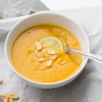 bowl of soup with spoon in it