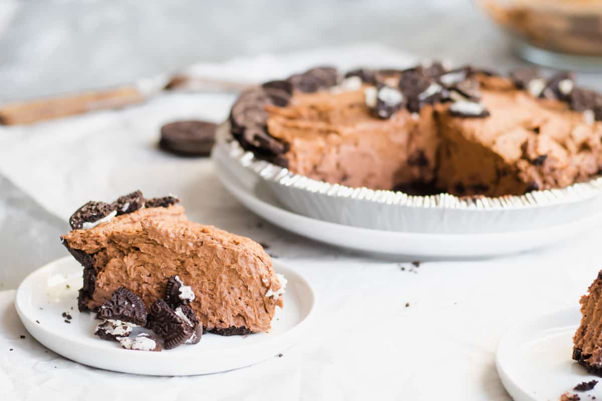 chocolate pudding pie slice on a plate
