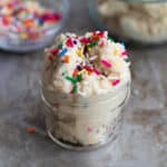 edible cookie dough with sprinkles in a mason jar