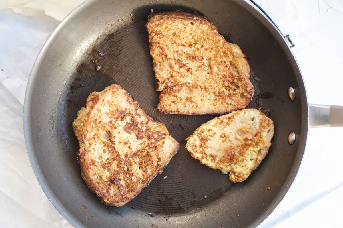 sourdough french toast in a frying pan