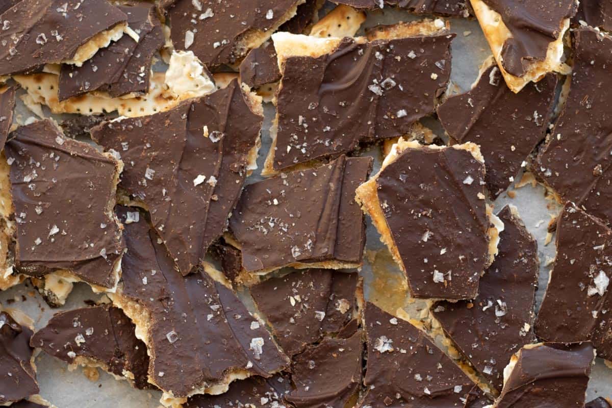 close up of chocolate matzo crack pieces.
