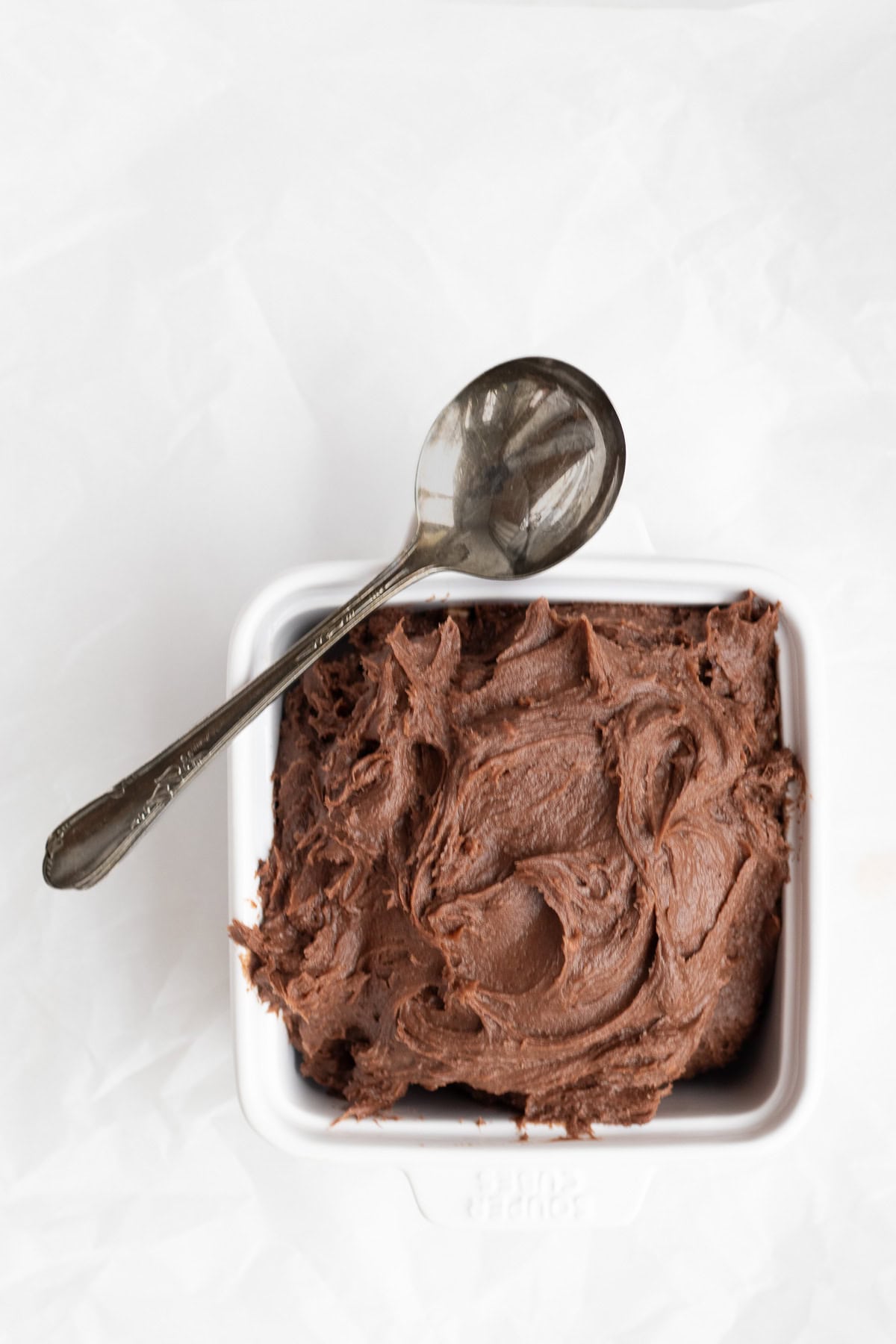 brownie batter in a bowl with a spoon.