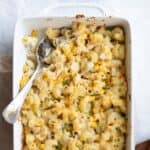 tuna sweetcorn pasta in a white baking dish