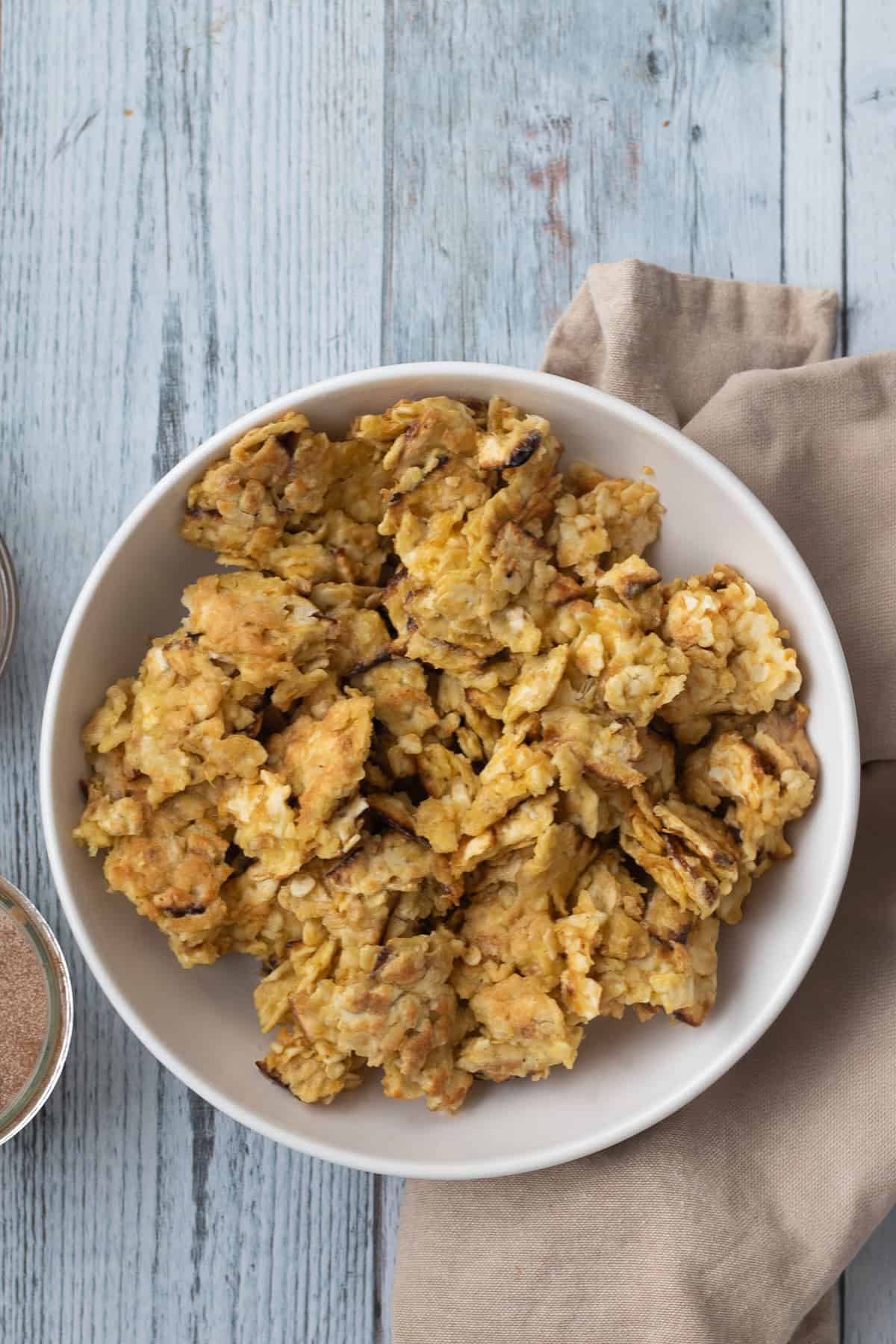 fried matzo in a white serving dish.