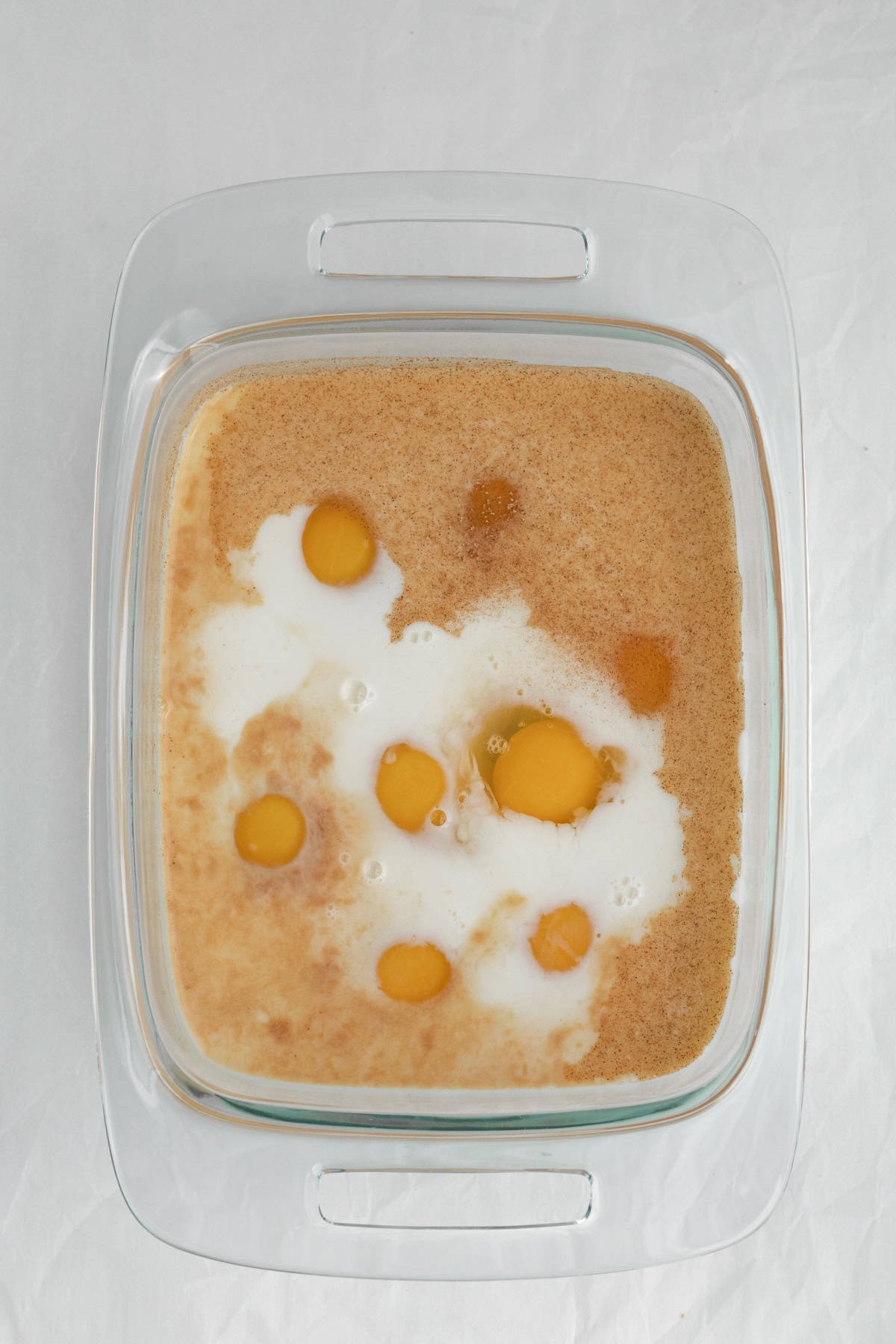 custard ingredients in a glass dish
