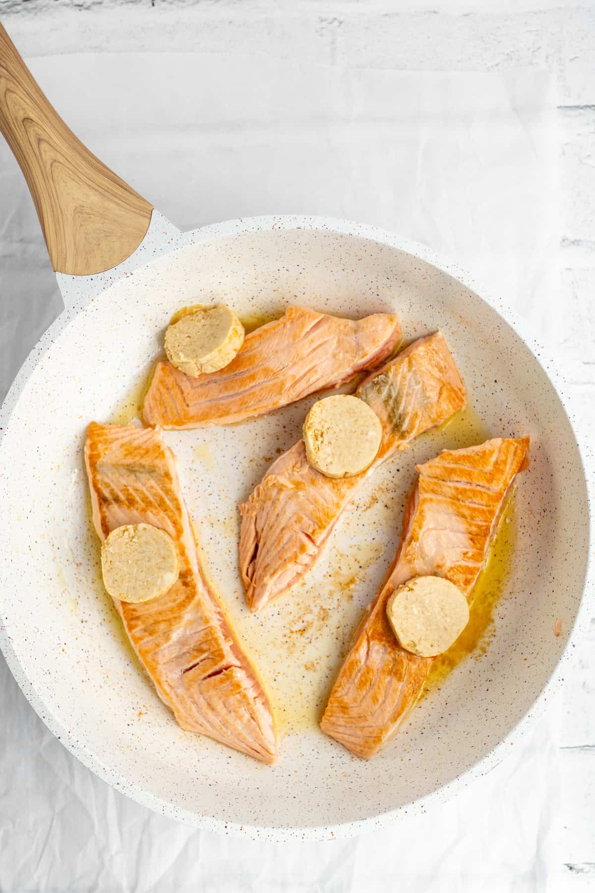 miso butter rounds on cooking salmon