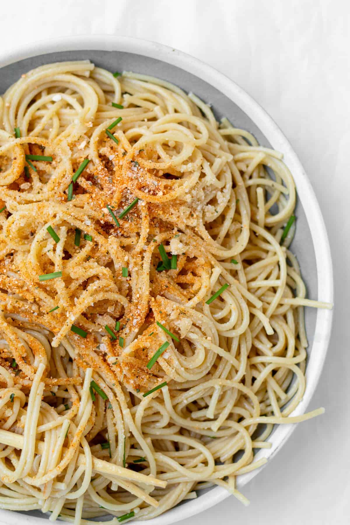 miso butter pasta in a white bowl