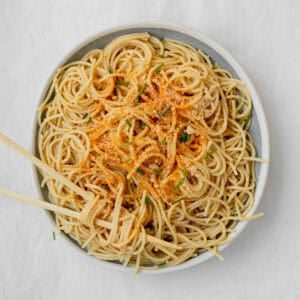 miso butter pasta in a bowl with chopstix