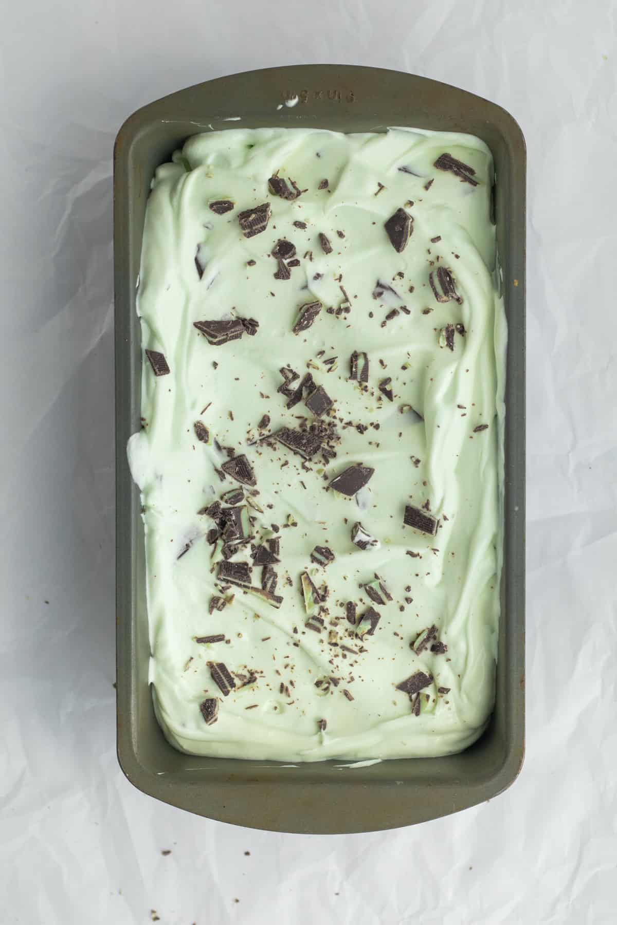 mint chip ice cream in a loaf pan