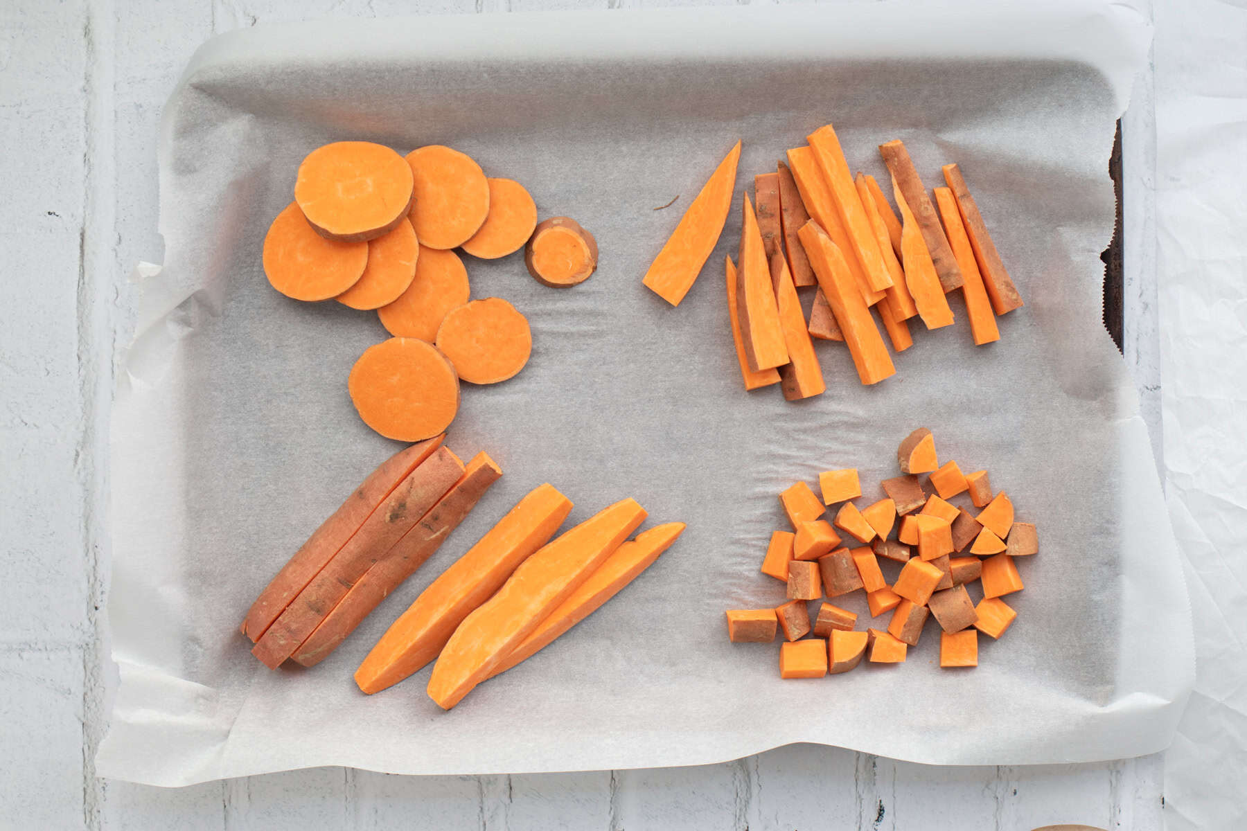 four different ways to cut sweet potatoes.