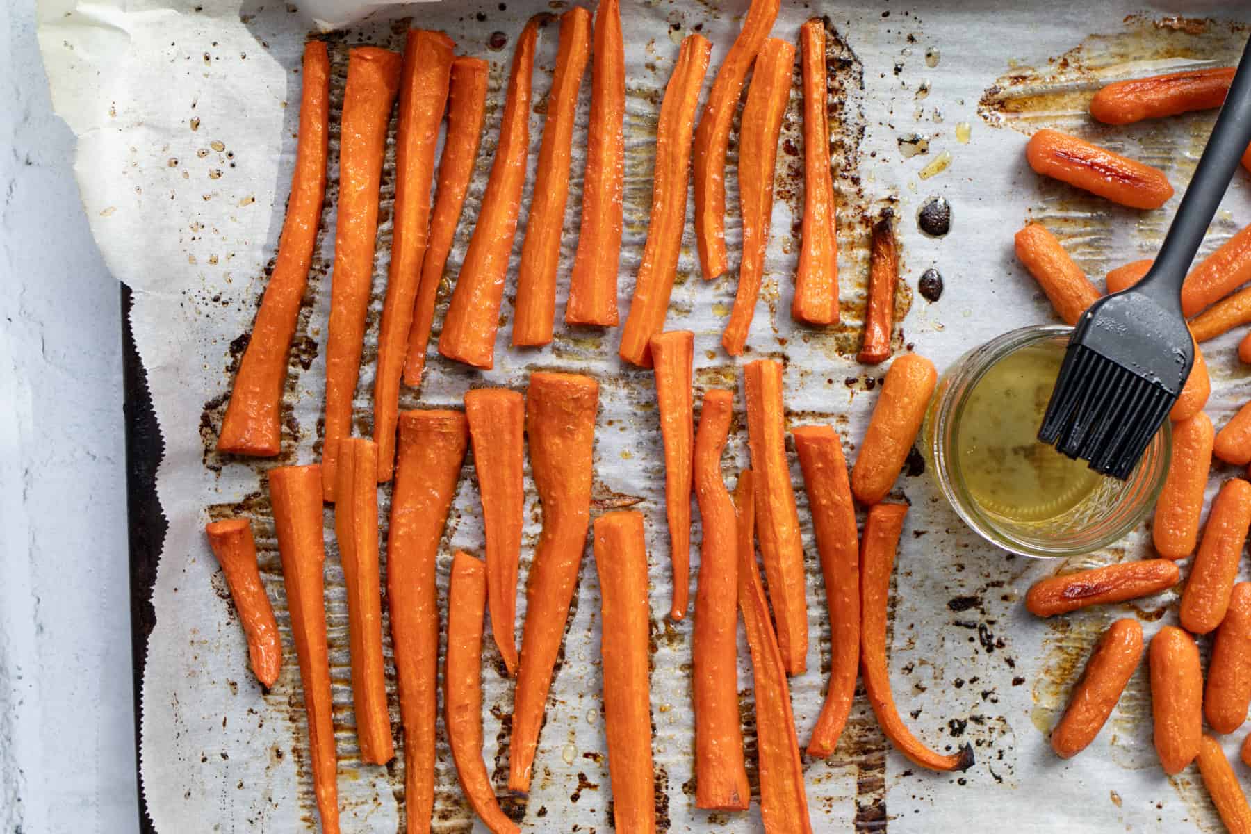 honey roasted carrots just out of the oven with a honey glaze.