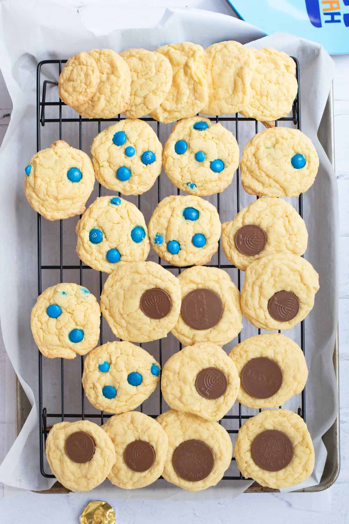 hanukkah cookies cooling on a rack.