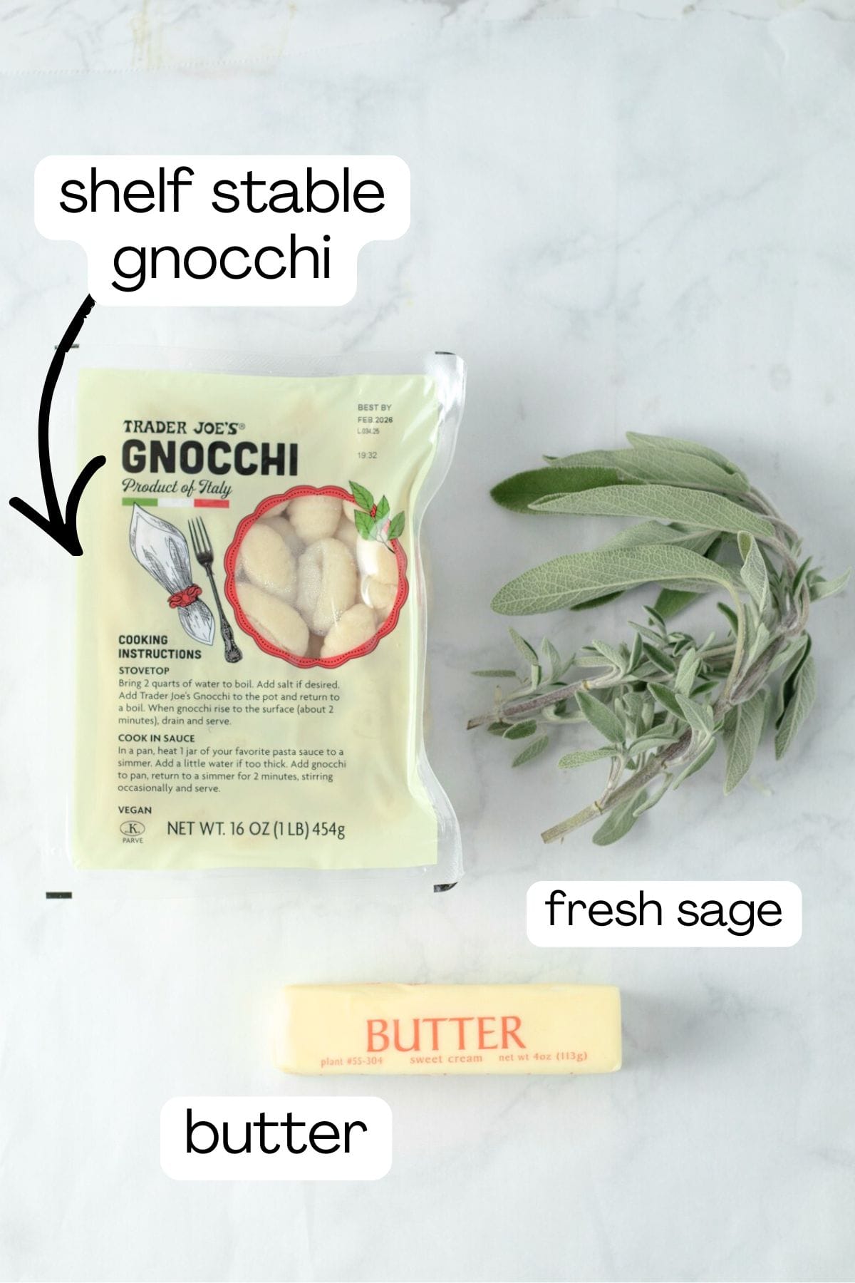 ingredients to make gnocchi with brown butter and sage.
