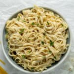 Fettuccine alfredo in serving bowl.