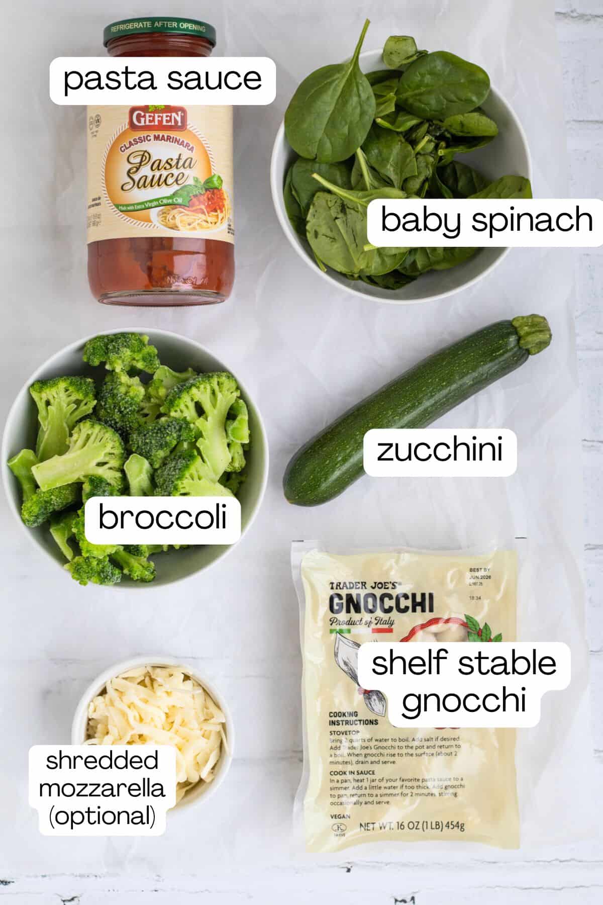 ingredient for gnocchi with marinara and vegetables