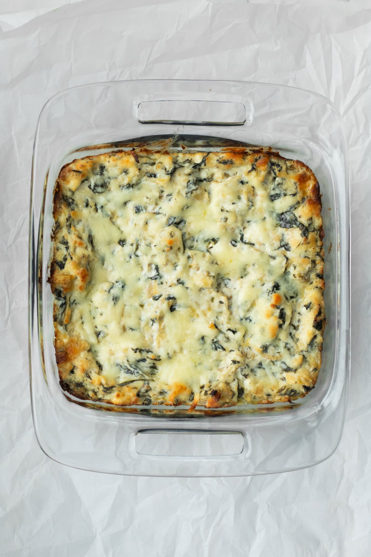 Baked spinach artichoke dip just out of the oven.