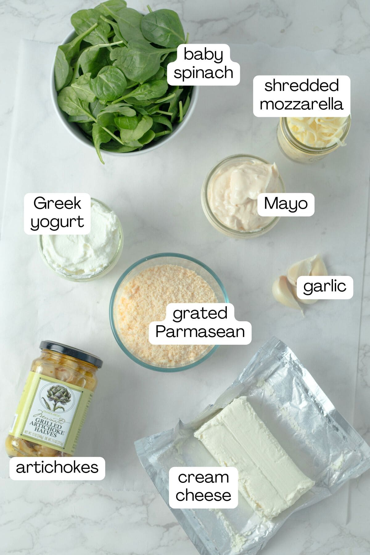 ingredients for spinach artichoke dip.