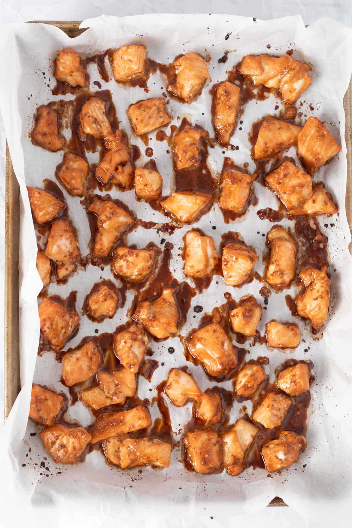 cooked salmon bites just out of the oven.