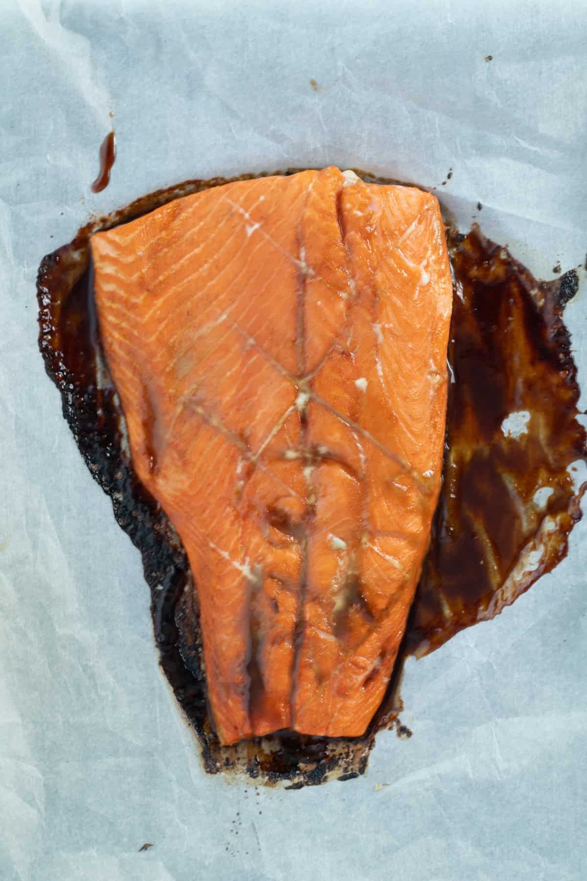 baked teriyaki salmon on parchment paper.