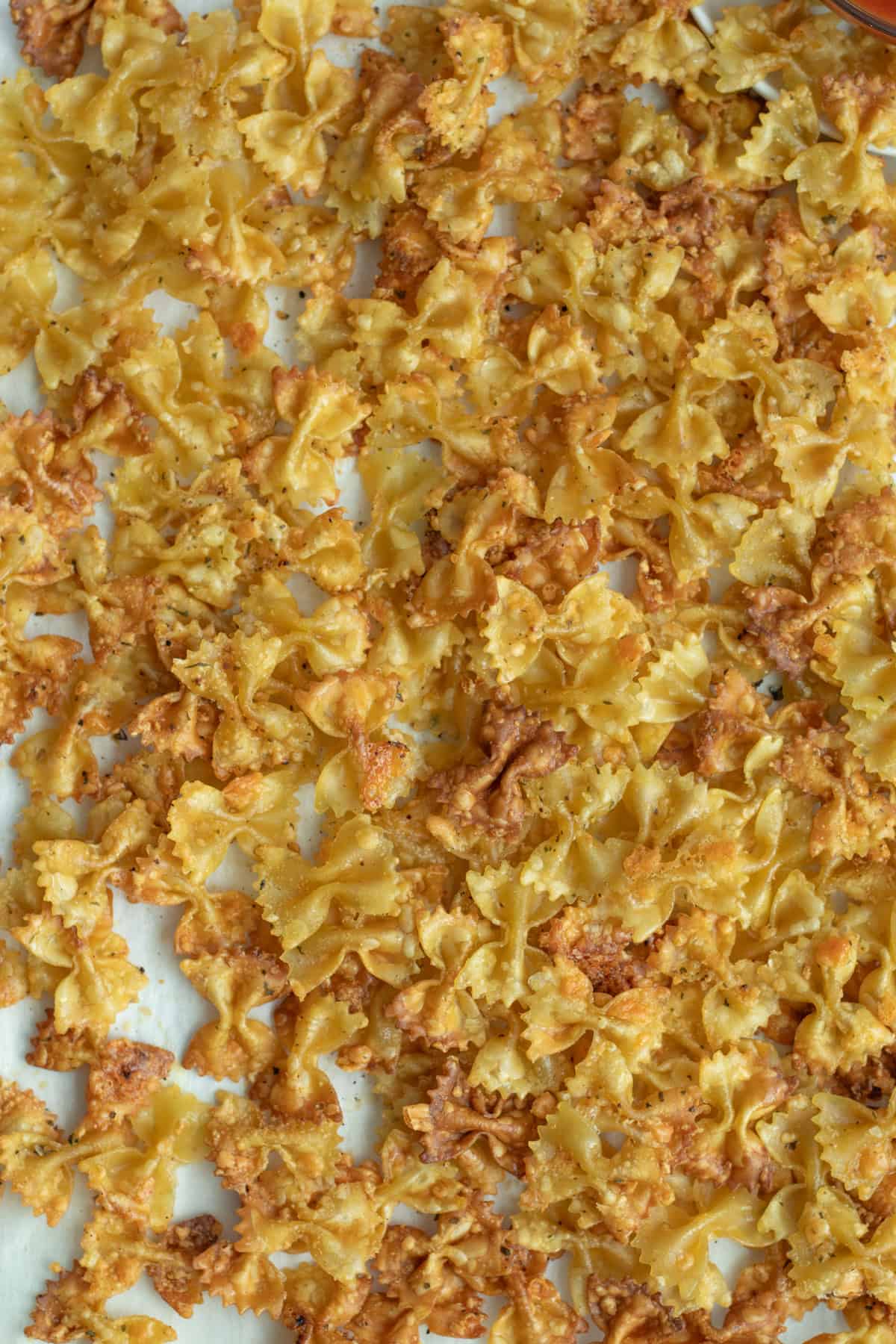 cripsy pasta chips right out of the oven.