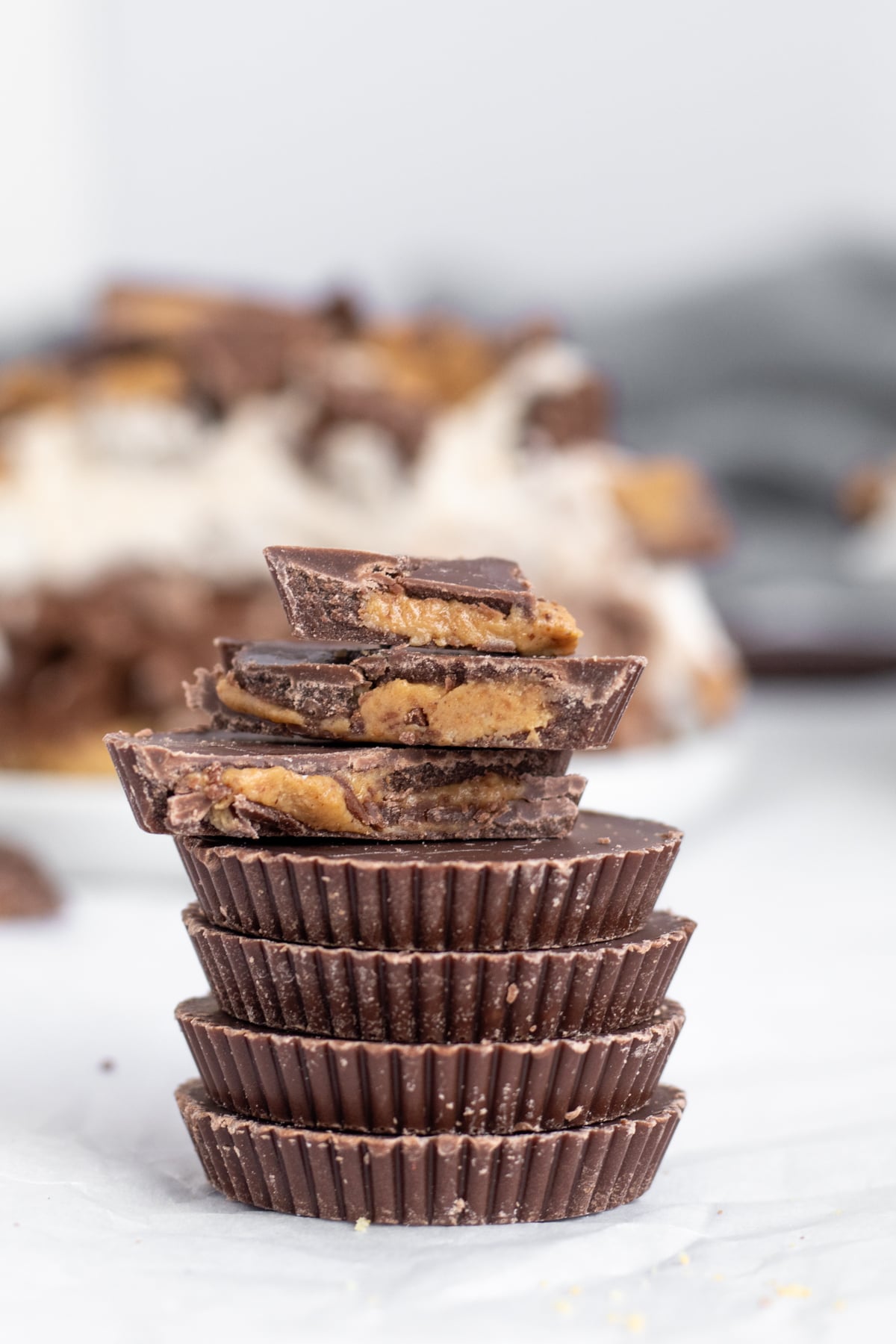 reeses peanut butter cups stacked.