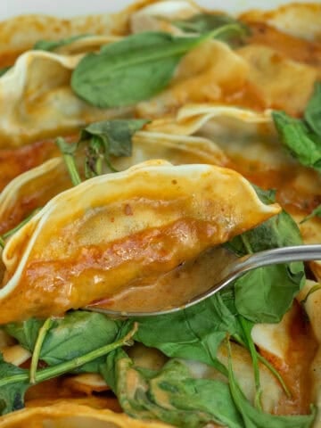 potstickers on a spoon over the serving dish.